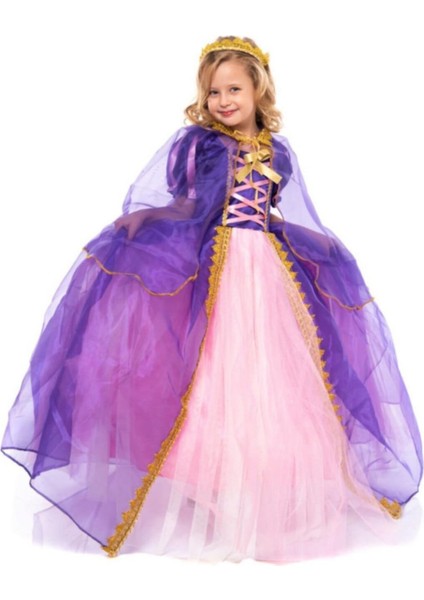 Peoniakids Rapunzel Kız Çocuk Elbise - Taçlı Pelerinli Tarlatanlı Rapunzel Kostüm - Disney Kostüm