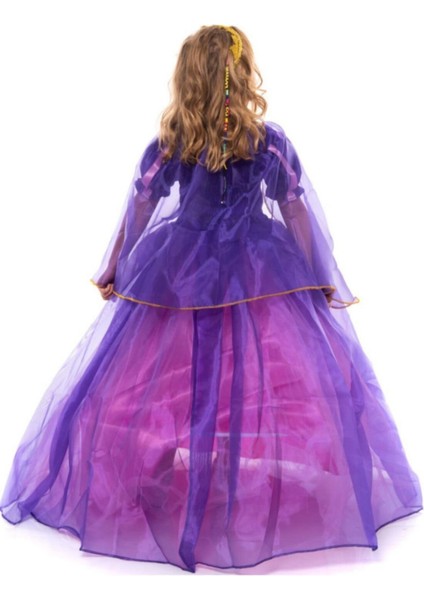 Peoniakids Rapunzel Kız Çocuk Elbise - Taçlı Pelerinli Tarlatanlı Rapunzel Kostüm - Disney Kostüm