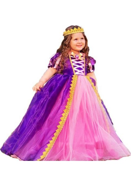 Peoniakids Rapunzel Kız Çocuk Elbise - Taçlı Pelerinli Tarlatanlı Rapunzel Kostüm - Disney Kostüm fiyatları