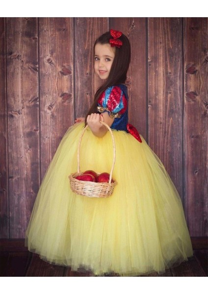 Peoniakids Kız Çocuk Sarı Kabarık Pelerin ve Taç Pamuk Prenses Kostümü - Pamuk Prenses Elbisesi modelleri