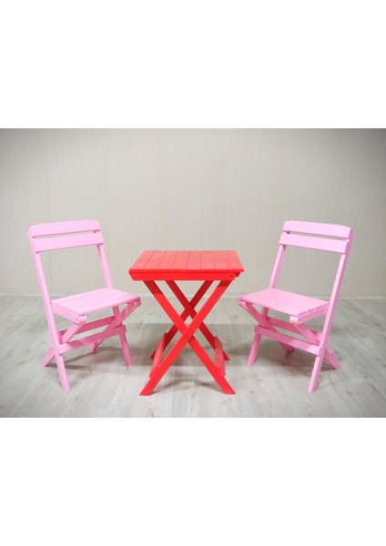 Ahşap Katlanır Masa-Sandalye Takım (Kırmızı-Pembe)