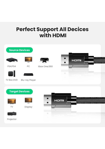 8k 60Hz HDMI 2.1 Örgülü Görüntü Aktarma Kablosu 1.5 Metre
