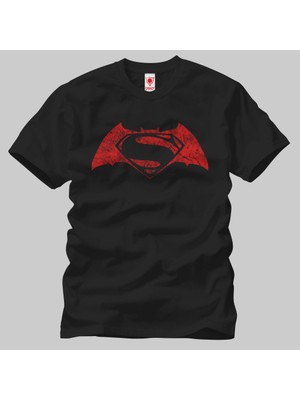 Crazy Batman Vs Superman Red Distressed Logo Erkek T-Shirt