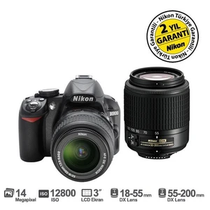 D3100 18-55mm DX + 55-200mm DX Kit 14.2 MP 3" LCD Dijital SLR Fotoğraf Makinesi