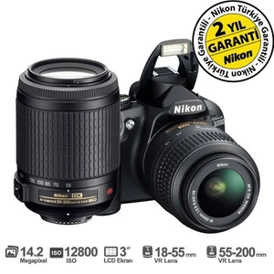 D3100 18-55 VR + 55-200 VR Kit 14.2 MP 3" LCD Dijital SLR Fotoğraf Makinesi