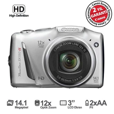 Canon PowerShot SX150 IS 14.1MP 12X Optik Zoom 3.0" LCD HD Çekim Dijital Fotoğraf