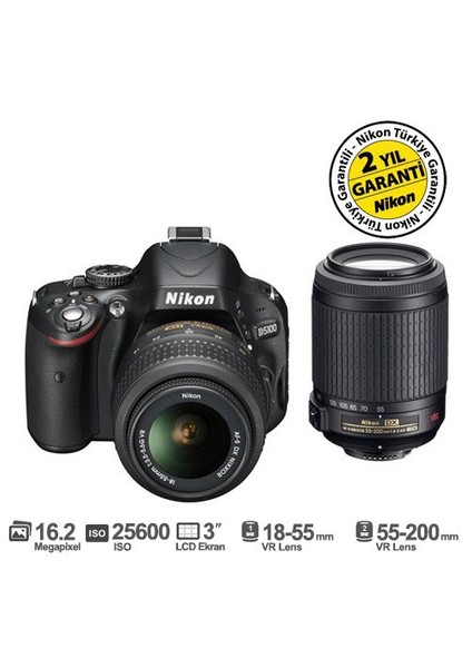 D5100 18-55 VR + 55-200 VR 16.2 MP 3" LCD Dijital SLR Fotoğraf Makinesi