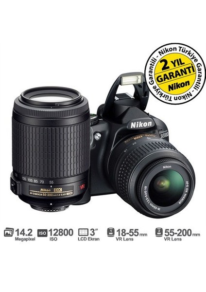 D3100 18-55 VR + 55-200 VR Kit 14.2 MP 3" LCD Dijital SLR Fotoğraf Makinesi