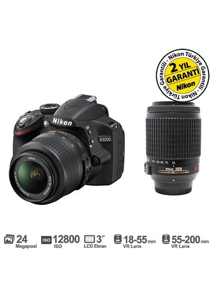 D3200 18-55 VR + 55-200 VR Kit 24 MP 3" LCD Ekran Dijital SLR Fotoğraf Makinesi