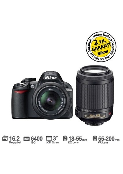 D5100 18-55mm DX + 55-200mm VR Kit 16,2 MP 3" LCD Dijital SLR Fotoğraf Makinesi