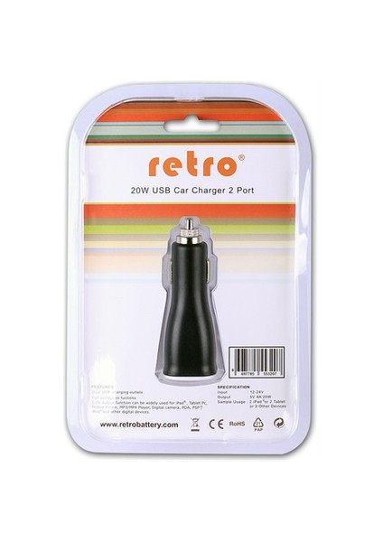 Retro RCA-U03B Tablet Pc 5V 4Amper 20Watt Siyah Araç Şarj Adaptörü