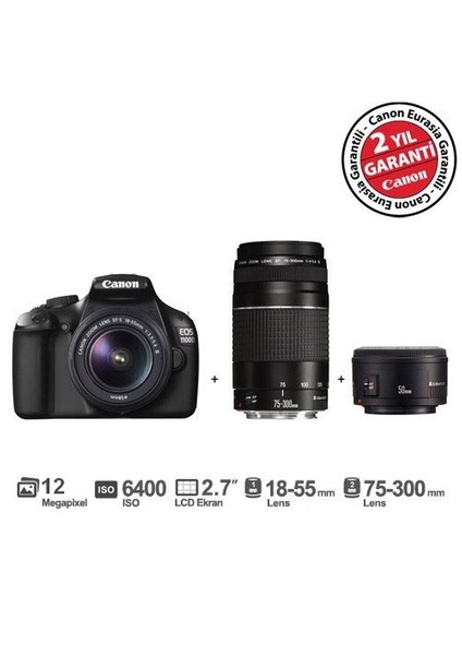 Eos 1100D 18-55mm + 75-300mm + EF 50 mm f/1,8 II 12MP 2.7" LCD DSLR Dijital Fotoğraf Makinesi