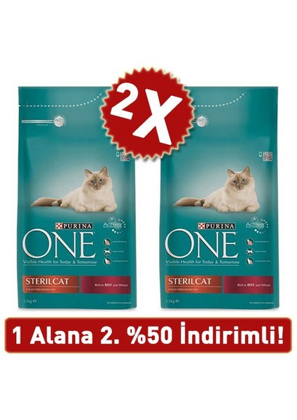 One Sterilised Sığır Etli Kısırlaştırılmış Kedi Maması 2 Adet X 1.5 Kg