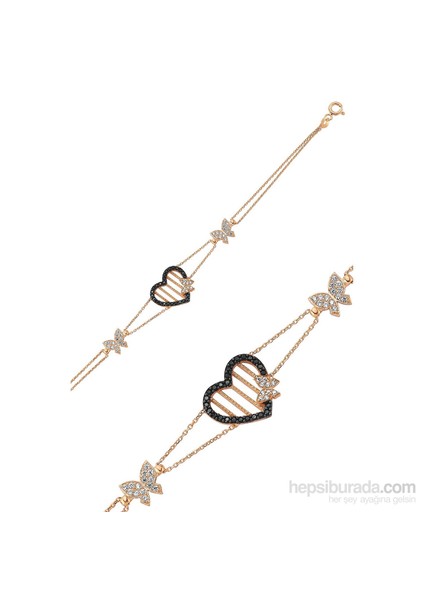 Bayan Lili Gümüş Kalp Kelebek Bileklik