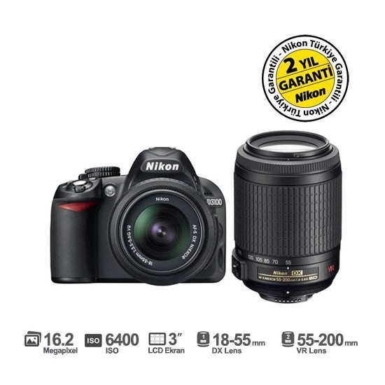 Nikon D5100 18-55mm DX + 55-200mm VR Kit 16,2 MP 3" LCD Fiyatı