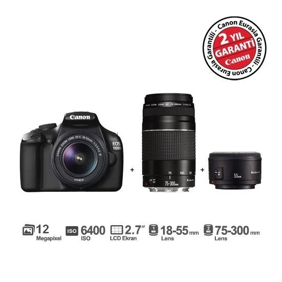 Canon Eos 1100D 18-55mm + 75-300mm + EF 50 mm f/1,8 II 12MP 2.7 LCD DSLR Dijital Fotoğraf Makinesi