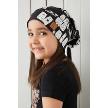 Babygiz Kız Çocuk Siyah Beyaz Figürlü Ip Detaylı 4 Mevsim Şapka Bere  -Yumuşak Doğal Penye