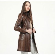 Dericlub YB-2334 Düğmeli Gerçek Deri  Kadın Trençkot