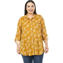 Disentis Modest Büyük Beden Yaprak Desenli Katlamalı Kollu Göğüsten Cepli Hardal Gömlek