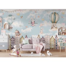 Özel Duvarlar Binalar Üzerinde Sevimli Tavşanlar Çocuk Odası Duvar Kağıdı