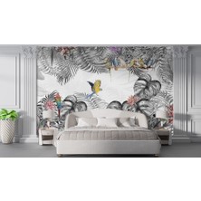 Özel Duvarlar Gri Tropikal Yapraklar Üzerinde Renkli Kuşlar Özel Tasarım Duvar Kağıdı