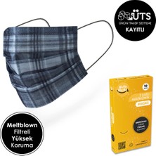 Mutlu Maske Meltblown Filtreli Üts Kayıtlı Yumuşak Lastikli Gri Siyah Renkli Ekose Desenli Cerrahi Maske 10'lu