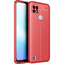 Caseart Realme C21 Kılıf Darbe Korumalı Deri Görünümlü Silikon Arka Kapak - Kırmızı