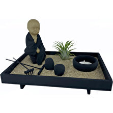 Aden Tasarım - Keşişli ve Tillandsia Bitkili Mini Zen Bahçesi Kiti - Zen Garden - Hobi Bahçesi - Siyah Renk