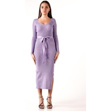 Robin Yırtmaç Detaylı Uzun Triko Elbise-Mor