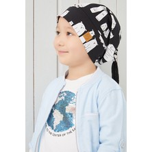 Babygiz Çocuk Siyah Beyaz Figürlü Ip Detaylı 4 Mevsim Şapka Bere  -Yumuşak Penye