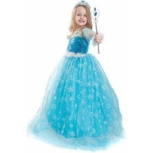Peonia Kids Peoniakids Kız Çocuk Mavi Frozen Elsa Çocuk Kostümü - Sim Dökülmeyen Uzun Kol Pelerinli Ful Set Frozen Elsa Çocuk Elbise