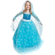 Peonia Kids Peoniakids Kız Çocuk Mavi Frozen Elsa Çocuk Kostümü - Sim Dökülmeyen Uzun Kol Pelerinli Ful Set Frozen Elsa Çocuk Elbise