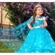 Peonia Kids Peoniakids Kız Çocuk Mavi Frozen Elsa Çocuk Kostümü - Sim Dökülmeyen Uzun Kol Pelerinli Ful Set Frozen Elsa Çocuk Elbise