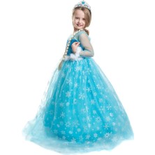 Peonia Kids Peoniakids Kız Çocuk Mavi Frozen Elsa Çocuk Kostümü - Sim Dökülmeyen Uzun Kol Pelerinli Ful Set Frozen Elsa Çocuk Elbise