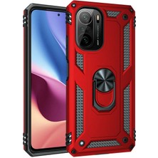 Case Street Xiaomi Redmi K40 Kılıf Vega Tank Koruma Standlı Yüzüklü Mıknatıslı+Nano Glass Kırmızı