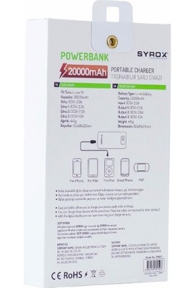 Syrox Powerbank 20000 Mah Dijital Ekranlı Taşınabilir Şarj Cihazı SYX-PB107