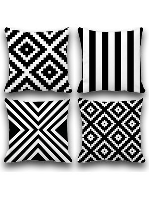 Pusula Home Çift Taraflı Siyah Geometri Desenli 4 Lü Set Dijital Baskılı Kırlent Kılıfı 43 x 43