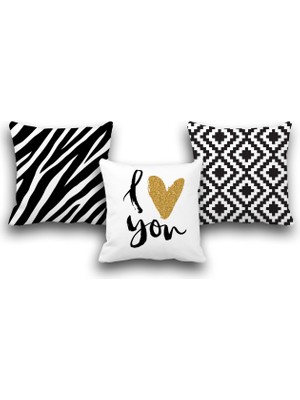 Pusula Home Çift Taraflı 3 Lü Set I Love You Geometri Desen Dijital Baskılı Kırlent Kılıfı 43 x 43