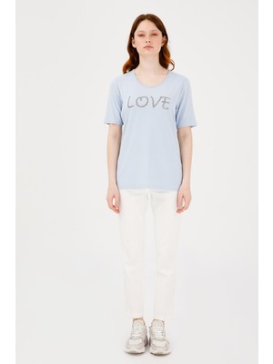 Desen Triko Kadın Sıfır Yaka Penye T-Shirt 0249868 Mavi