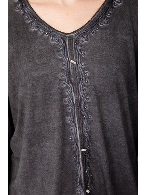 Desen Triko Kadın Nakış Detaylı Penye Bluz 02420806 Siyah