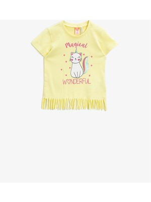 Koton Kız Bebek Pullu Tişört Kedi Baskılı Püsküllü Pamuklu