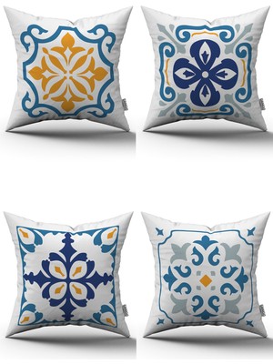 Cango Home Beyaz Mavi Modern Etnik Karo Desenli Dijital Baskılı Kırlent Kılıfı Seti 4KMBS100