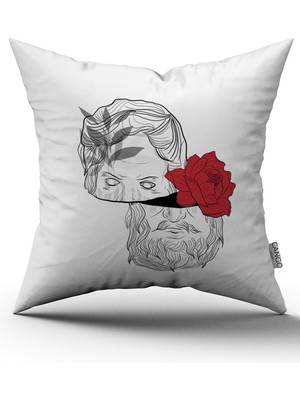 Cango Home Beyaz Siyah Modern Gül ve Heykel Figürlü Dijital Baskılı Kırlent Kılıfı