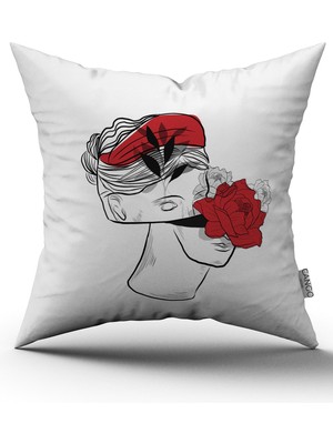 Cango Home Beyaz Siyah Modern Gül ve Heykel Figürlü Dijital Baskılı Kırlent Kılıfı