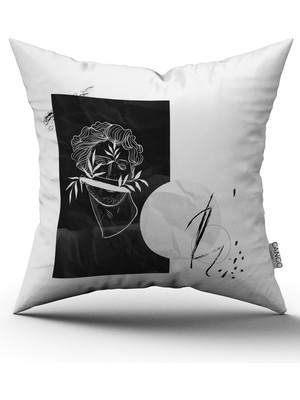 Cango Home Beyaz Siyah Modern Heykel Figürlü Dijital Baskılı Kırlent Kılıfı