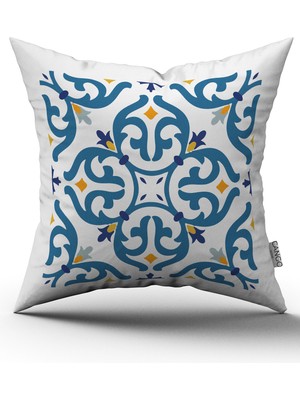 Cango Home Beyaz Mavi Modern Etnik Karo Desenli Dijital Baskılı Kırlent Kılıfı