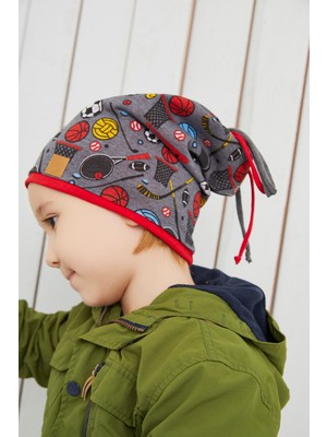 Babygiz Çocuk Füme Kırmızı Spor Desenli Şapka Bere Yumuşak Çift Katlı Pamuklu Penye