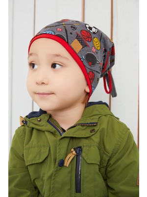 Babygiz Çocuk Füme Kırmızı Spor Desenli Şapka Bere Yumuşak Çift Katlı Pamuklu Penye
