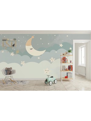 Özel Duvarlar Bulutlar Ay Yıldızlar Desenli Duvar Kağıdı Yırtılmaz Silinebilir Kumaş 250x170 cm