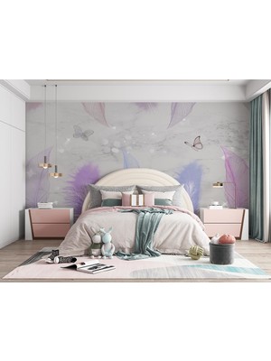 Özel Duvarlar Mor Pembe Tüyler ve Kelebekler Duvar Kağıdı